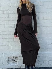 Hnewly  Women's O-neck Long Sleeved Mesh Dress New Spring Darped Slim Fit A-line Dress Simple Solid Color Commuting Robe Dress Vestidos