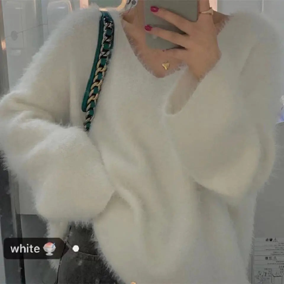 Hnewly  Fuzzy Mohair Knit Sweater Pullover Women Cozy Long Sleeve V-Neck Plain Jumper Soft Knitwear Teen-girl Fall Winter Casual Outfit