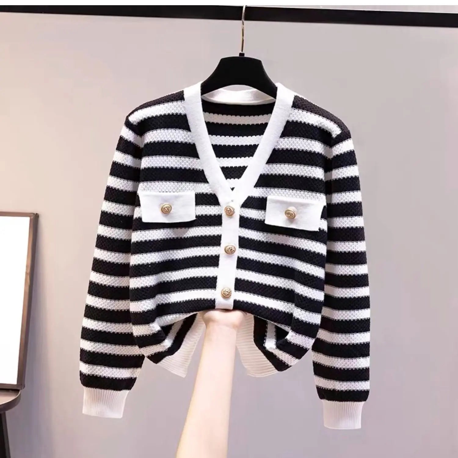 Hnewly  Elegant Striped Knit Cardigan Sweater Spring Autumn New V-neck Long Sleeved Jacket Women's Fashion Gold Button Coat Top