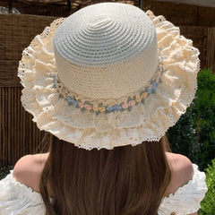 Hnewly  Sweet Large Brim Straw Sun Hat Sun Protection with Lace Trim Lace Ribbon Bucket Hat UV Protection Beach Sunshade Hat Summer