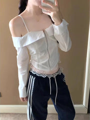 Hnewly  New Patchwork Hot Girl White Tees Women Fashion Sweet Slim Long Sleeve Lace Off Shoulder T-Shirts Retro Casual Y2k Short Blouse
