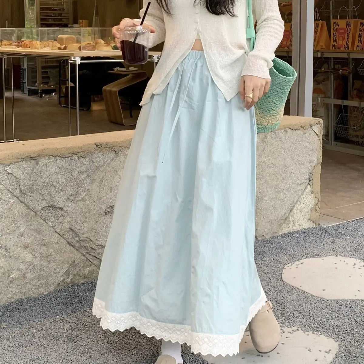 Hnewly Fresh and Fashionable Lace Lace Splicing Half Skirt Summer New Versatile Loose High Waist Long Skirt