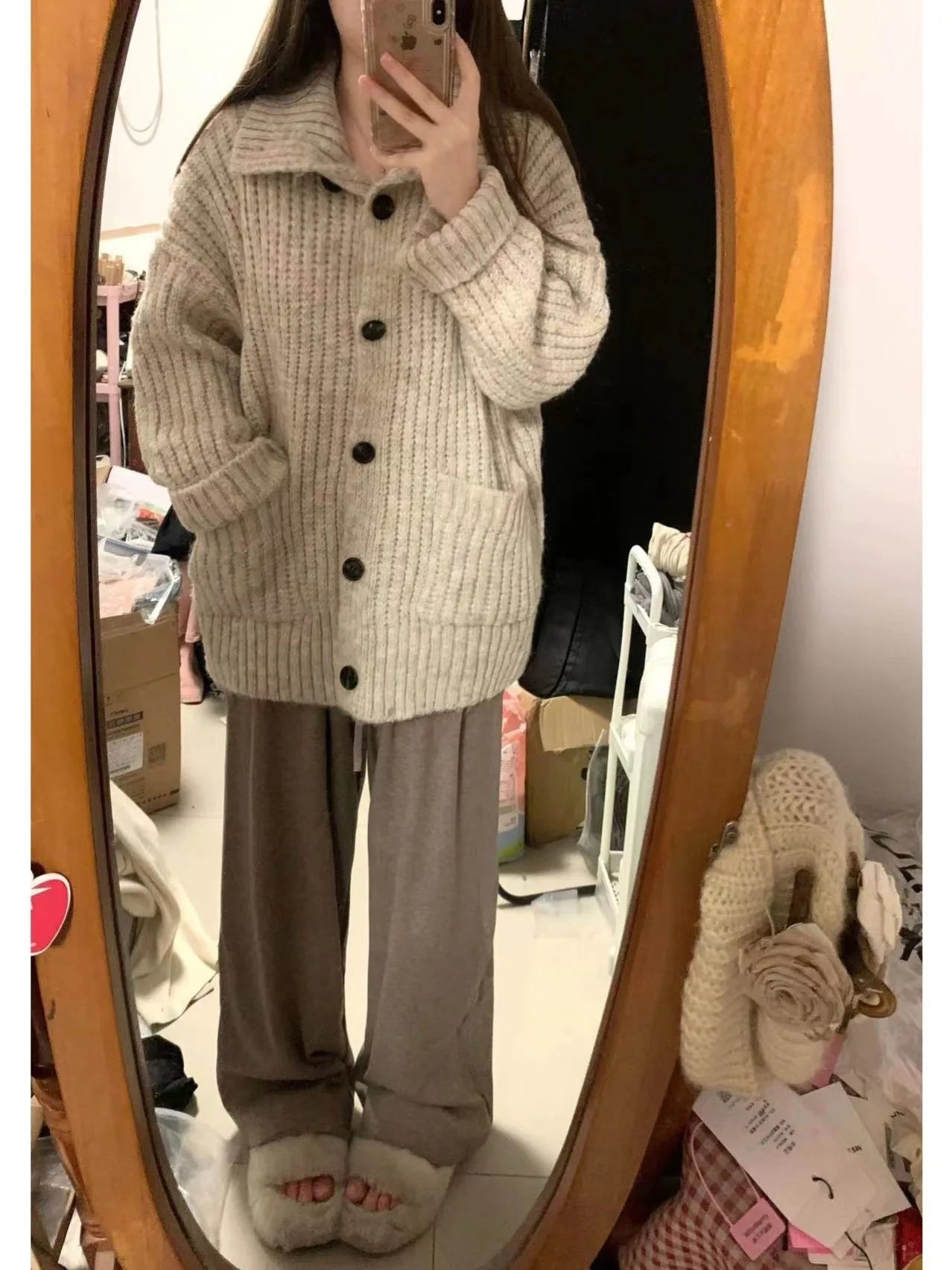 Hnewly  Slouchy Knit Cardigan for Women Rib-knit Pockets Front High Neck Button Up Sweater Jacket Coat Female Autumn Winter Basic Outfit