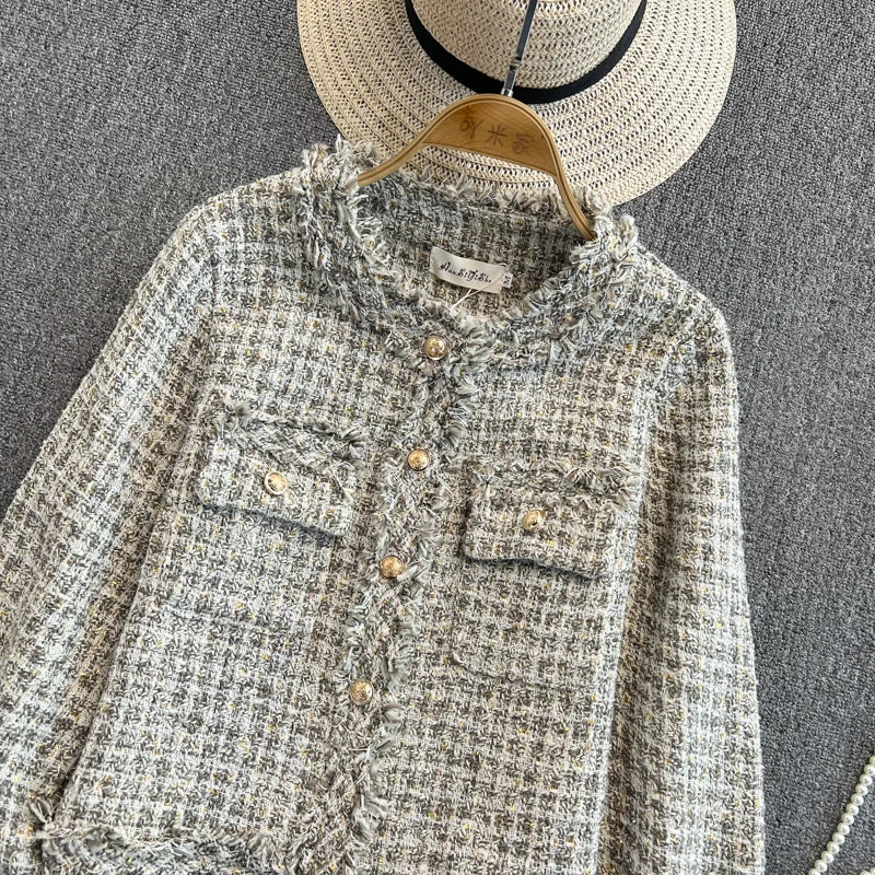 Hnewly  Woven Tweed Jacket Women Autumn Winter New Slim O-neck Single Breasted Coat Elegant Raw Edge Tassel Long Sleeve Blazer