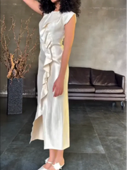 Hnewly  Solid Color Ruffle Split Women Maxi Dress Chic O-neck Short Sleeve High Waist Slim Dresses Lady Summer Daily Party Vestidos