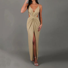 Hnewly  Sexy High Splits Sequined Wrap Dress Elegant V-neck Backless Strappy Dresses For Women Party Clubwear Vestidos Summer