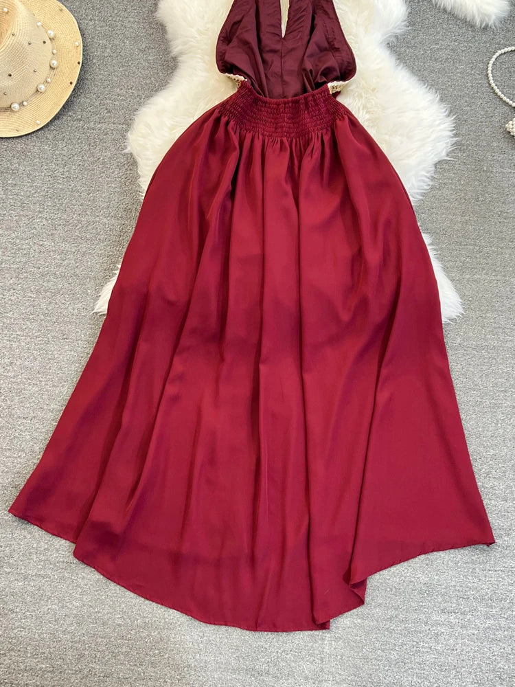 Hnewly  Temperament Hanging Neck Dress Elegant Hollow Out Backless Slit A-line Large Hem Dress Women's Beach Vacation Long Dress