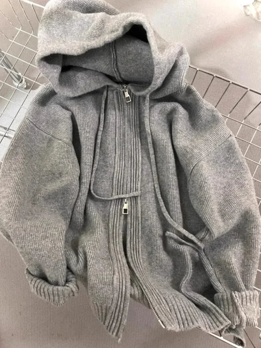 Hnewly Gray Hooded Sweater Coat Autumn Winter Double Zipper Long Sleeve Loose Fashion Korean Soft Thickened Knitted Tops Coats