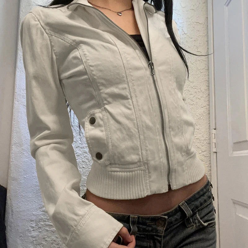 Hnewly Vintage Cropped Jackets Women Stand Collar Solid Color Casual Coats Slim Pocket Zip Up Harajuku Safari Style Outwear