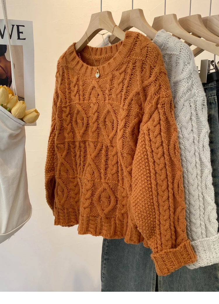 Hnewly  Chunky Knit Oversized Sweater Pullovers Women Loose Cable-knit Crewneck Sweater Jumper Teen-girl Granpa Style Y2K Outfit