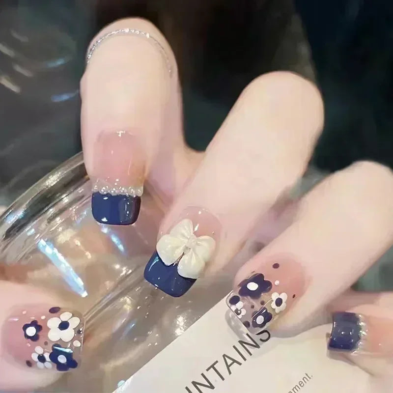 Hnewly 24pcs Detachable Short Press on Nails Y2k rhinestone False Nails with Glue Ballet Sweet Cool Girls Artificial False Nails Tips