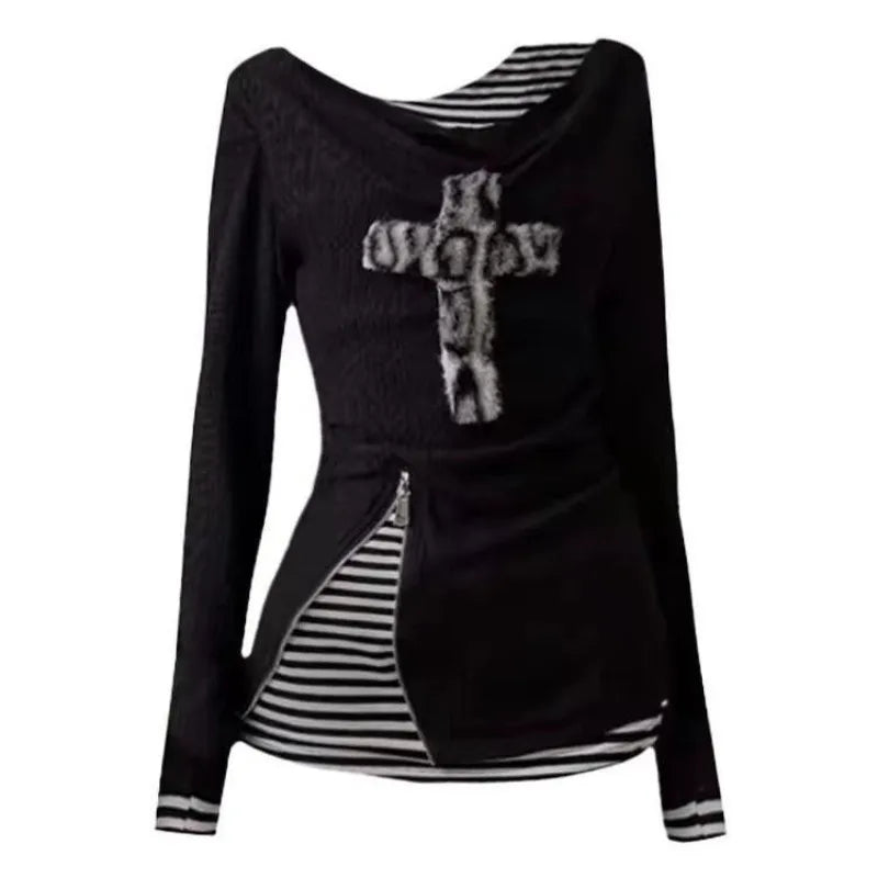 Hnewly  Gothic Y2k T-shirts Women Japanese Harajuku Striped Long Sleeve Tops Grunge Vintage Punk Streetwear Fake Two Pieces