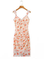 Lunivop  Sexy Small Flower Print Deep V neck Mesh Sling Dress Woman Ruched Package Hips Spaghetti Strap Mini Party Dresses Bodycon