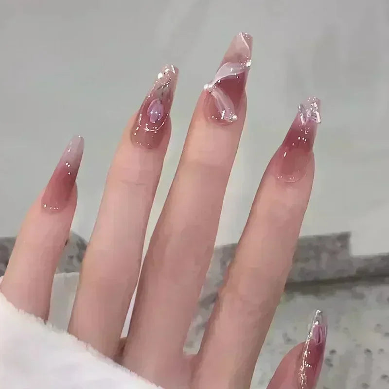 Hnewly 24Pcs False Nails French Gradient Ballet Fake Nails Press on Nails Black Heart Rhinestone Design Glitter Full Cover Nail Tips
