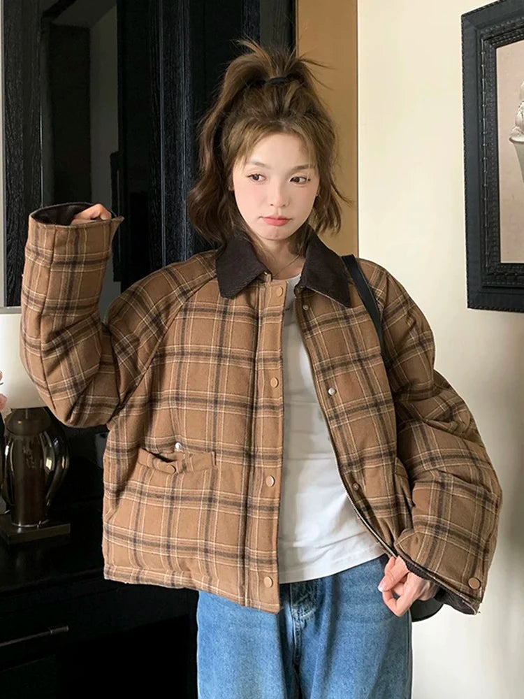 Hnewly  Warm Vintage Plaid Parkas Women Loose Long Sleeve Winter Thick Cotton Coat Korean Casual Pockets Cute Sweet Jacket Tops New
