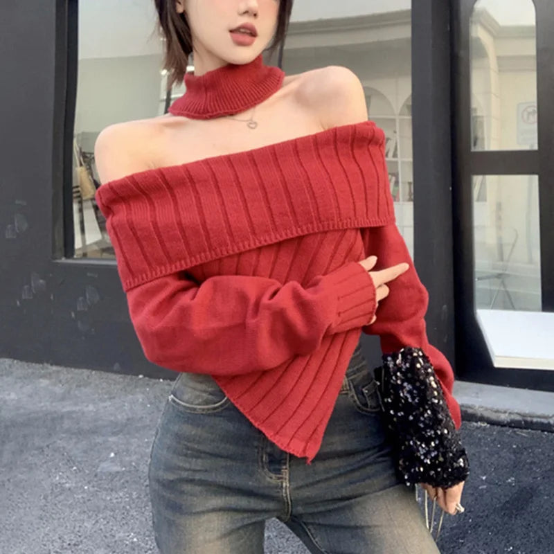 Hnewly Sweater y2k Clothes Women Coquette Off Shoulder Long Sleeve Irregular Hem Knitted Halter Tops 2000s Clothing Streetwear