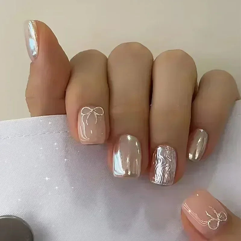 Hnewly 24pcs Detachable Short Press on Nails Y2k rhinestone False Nails with Glue Ballet Sweet Cool Girls Artificial False Nails Tips