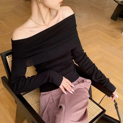 Hnewly FALL OUTFITS Elegant Ribbed Solid Crop Top Women Autumn Winter Skinny Tops Off Shoulder Long Sleeve T Shirt French Basic Tight Black T-shirt