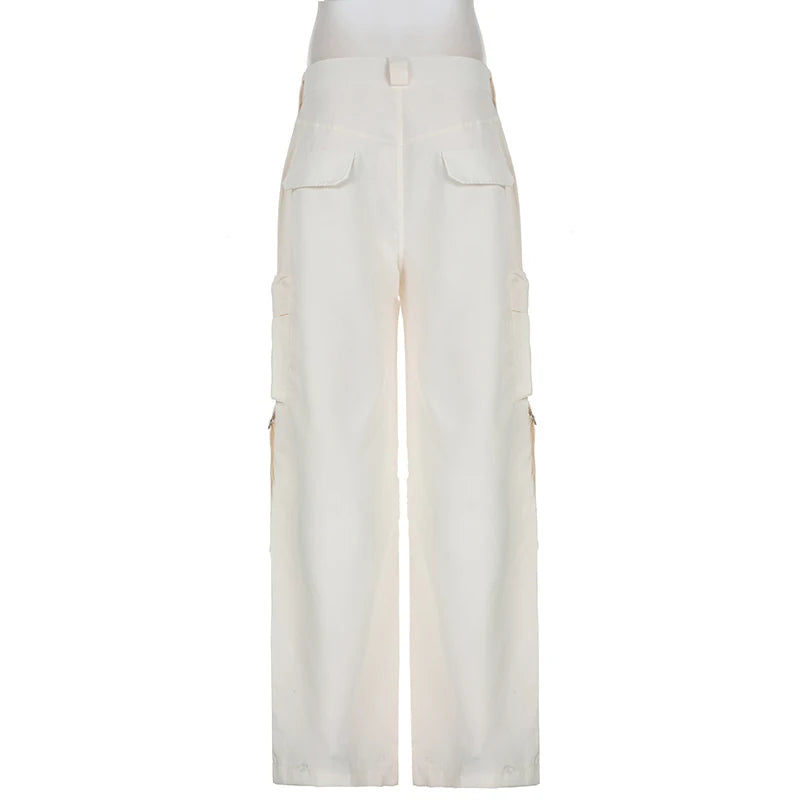 Hnewly Streetwear Basic Buckle Cargo Pants Women Solid Straight Leg Big Pockets Baggy Trousers All-Match Y2K Sweatpants Chic