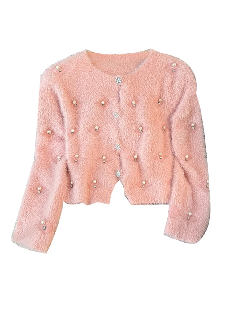 Hnewly  Beading O-Neck Plush Long Sleeved Sweater  Women's Autumn Loose Soft Glutinous Knit Cardigan Elegant Single Breasted Short Top