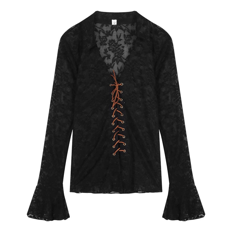 Hnewly Fairycore Shirt Lace Tops Women Aesthetic Clothes Sheer V-Neck Turn-Down Collar Cross Tie-Up Blouses 2000s Streetwear