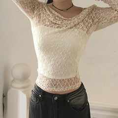 Hnewly Transparent Lace Crop Top Asymmetrical Off-shoulder Long Sleeve Smock T-shirts Women Summer Casual Tees y2k Vintage Tees