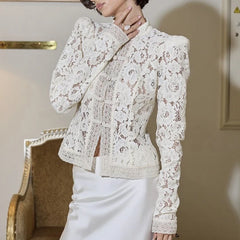 Hnewly  Ladies Stand Collar Jacquard Date Top Spring Autumn Long Sleeves Lace Embroidery Blouses Sexy Bodycon Perspective Design Shirts