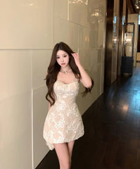 Hnewly  Woman Dress Lace Patchwork Sleeveless Halter Backless Slim Sweet Party Mini Dresses Elegant Female Fashion Casual