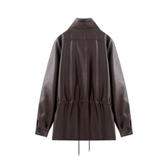 Hnewly  Women's Faux Leather Jacket Double Collar Drawstring Waist Mid-Length Double Breasted – Autumn Fashion Outerwear for Daily & Off