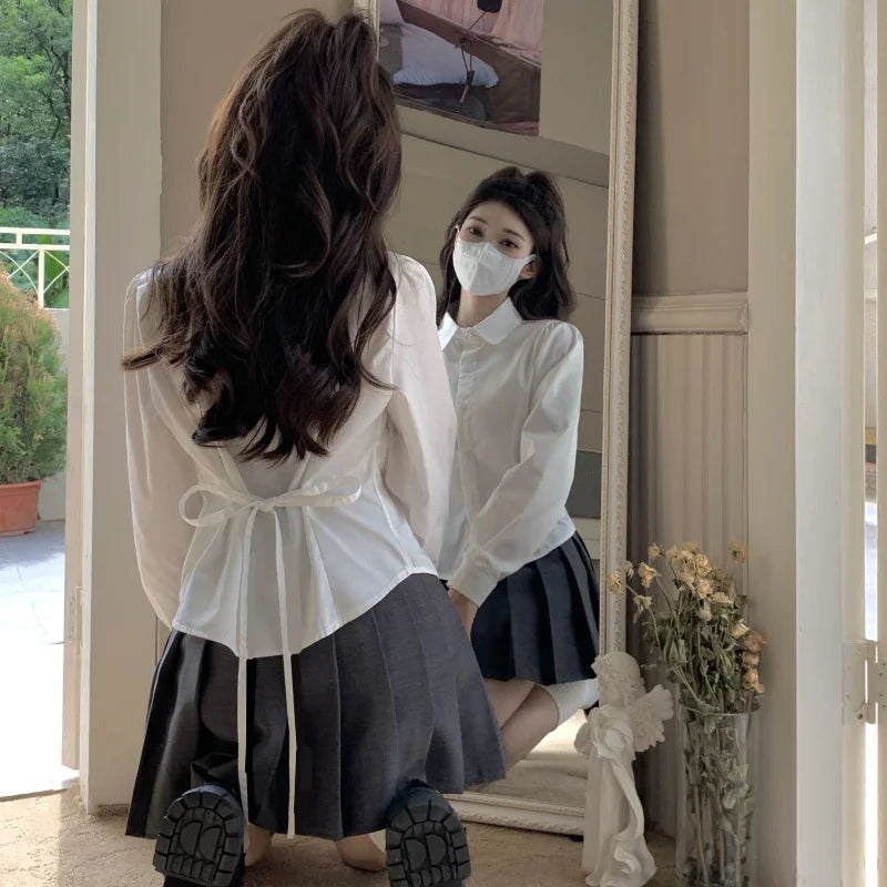 Hnewly Preppy Style White Shirts Women Hotsweet Spring Back Bandage Solid Korean Fashion Temperament All-match Sexy Casual Minimalist