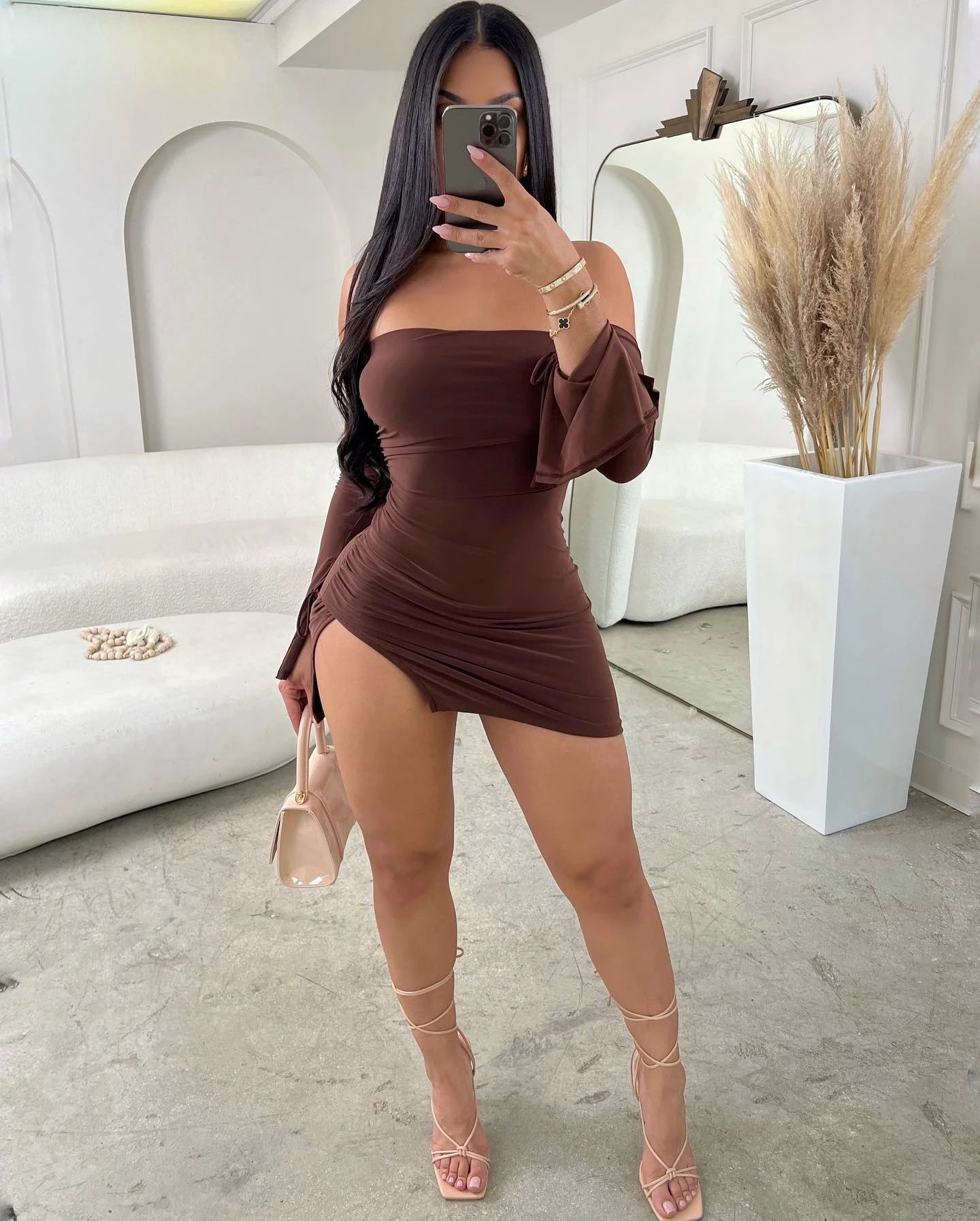 Hnewly Women Strapless Backless  Mini Dress For Women Black Off-shoulder Long Sleeve Bodycon Club Party Dress Clothes