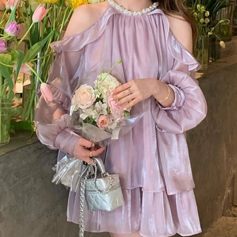 Hnewly DRESS TO IMPRESS Women Chiffon Dresses Summer New French Style  Solid Fashion Sexy Off-the-shoulder Long Puff Sleeve Ruffles Simple Dress