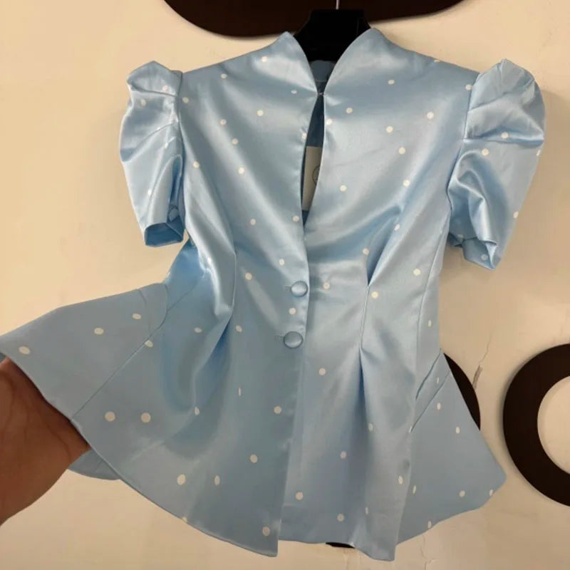 Hnewly  Elegant Polk Dot Women's Shirt Hollow Out Short Puffed Sleeve Stand Collar Single-Breasted Blazer Summer Fashion Female Top