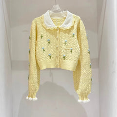 Hnewly  Embroidered Floral Pointelle Knit Cardigan Women Collared Button-up Openwork Sweater Jacket Cute Teen-girl Fairycore Clothes