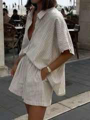 Hnewly  Womens Casual Linen Look Striped 2 Piece Set Collared Short Sleeve Buttoned Blouse And Elastic Waist Shorts