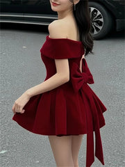 Hnewly  Cutenew Bow Patchwork Dress Women Sexy Noble Chic Slash Neck Sleeveless Zip Ruffled Ruched Stretch Party Prom Banquet Bodycon