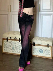 Hnewly  American Retro Tie Dyed Purple Pink Flared Jeans for Women Summer New Straight Trousers Y2k E-Girl Low-waisted Wide Leg Pants