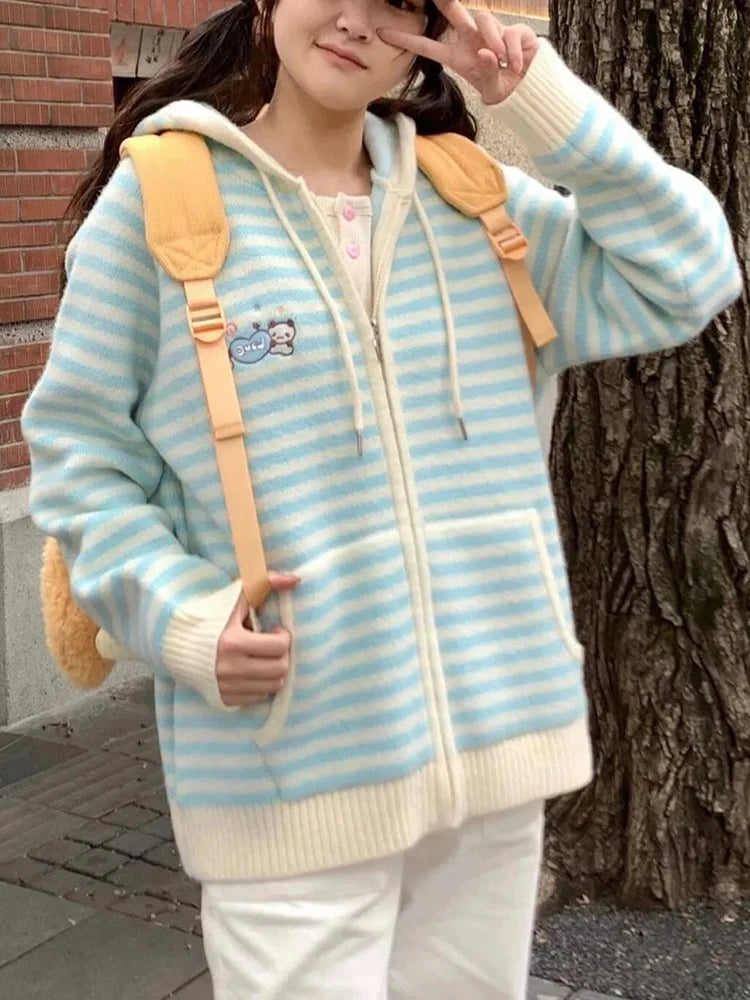 Hnewly Pink Striped Sweet Cardigan Women Cute Cartoon Long Sleeve Knitted Sweaters Vintage Kawaii Preppy Style Japan Pockets Tops Coats