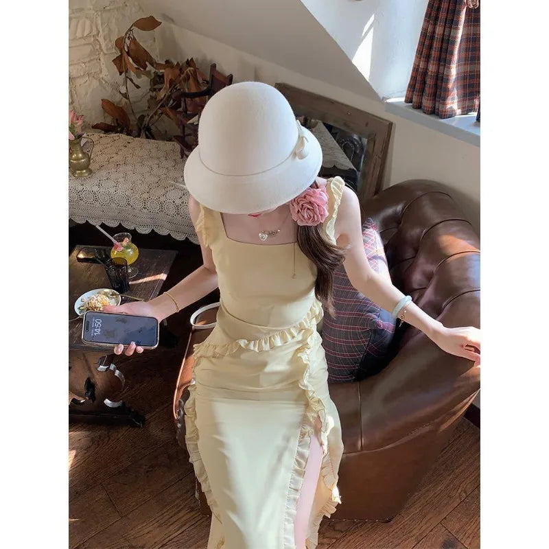 Hnewly  Elegant Dresses Women Sleeveless Ruffles Patchwork Split Bandage Summer Fashion Sweet Female Dress Holiday Casual