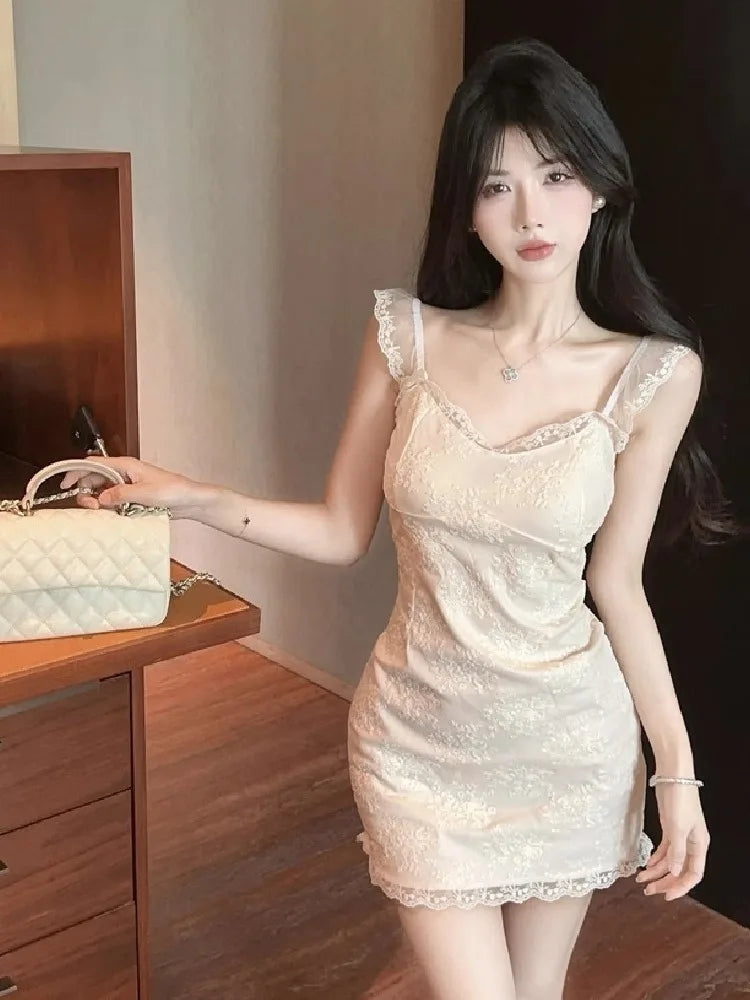 Hnewly  Women Dress Sleeveless Lace Patchwork Slash Neck Slim Elegant French Style Chic Party Mini Dresses Female Fashion