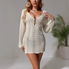 Lunivop  Long Sleeve Hollow Out V Neck Crochet Knitted Tunic Beach Cover Up Cover-ups Beach Dress Beach Wear Beachwear Female Women