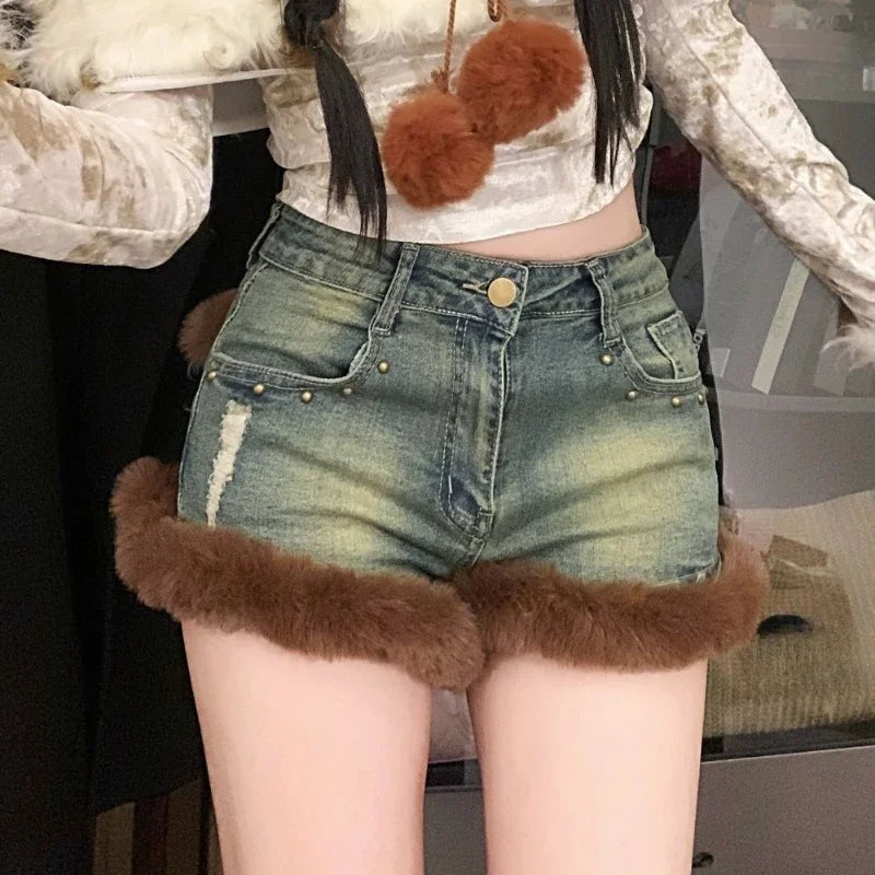 Hnewly winter club outfits American Y2k Hottie Blue Jeans Women's Spring Versatile Skinny Shorts Fashion Design Washed 2000s Fur Streetwear Slim Pants New