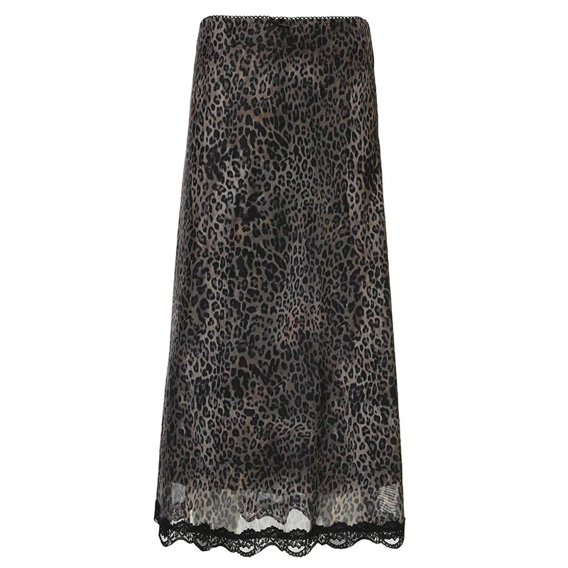 Hnewly Harajuku Leopard Print Midi Skirt Vintage y2k Lace PAtchwork Low Rise Long Skirts for Women Autumn All-match Skirt Ladies