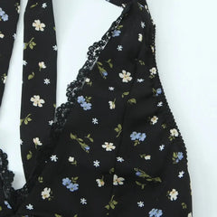 Lunivop  Sexy Black Floral Print Spliced Lace Bow Halter V Collar Backless Mini Dress Women Elastic Zipper Back A-line Short Robe Holiday