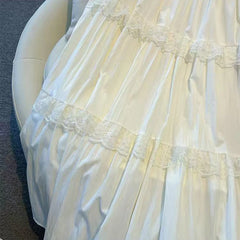 Hnewly Lace Patchwork White Midi Skirts for Women Y2K Loose Elastic High Waist Female Ruffles A Line Skirts Korean Elegant Skirt Mujer