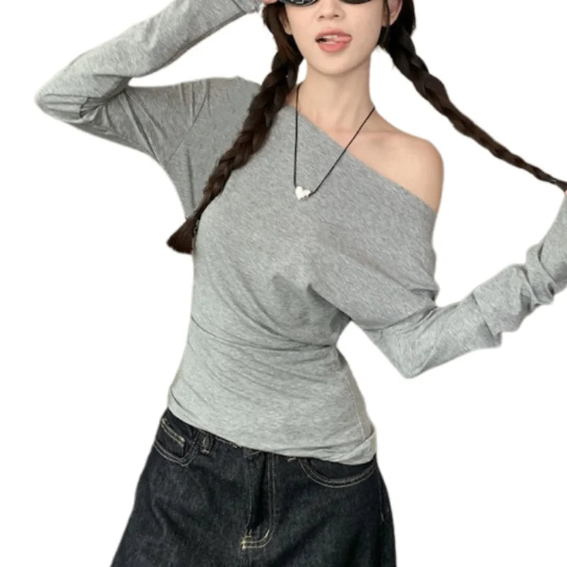 Hnewly y2k Aesthetic Tops Women Punk Gothic Clothing Slant Neck Off Shoulder Long Sleeve T Shirts 2000s Clothes Streetwear