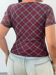 Hnewly  Classic Plaid V-Neck Short-Sleeve T-Shirt Daily Comfortable Purple Cropped Top Fashion Korean Reviews Many Girls Clothes