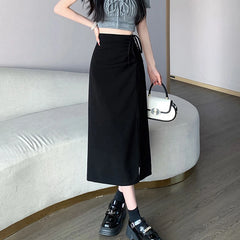Hnewly  Korean Shirring Midi Skirts for Women Fashion Office Side Split Black Skirt Woman Streetwear All-Match High Waist Skirts Female