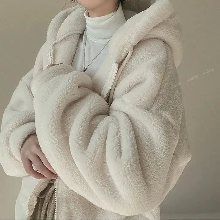 Hnewly Hooded Hoodies Women Winter Thicker Coats Solid Korean Style Zipper Lambswool Jackets Soft Streetwear Loose Harajuku Chic Girl