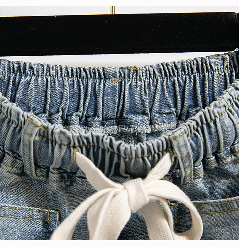 Hnewly XL-5XL Oversize Jeans Women's High Waisted Drawstring Wide Leg Denim Pants 2025 New Spring Autumn Loose Straight Leg Mop Pants